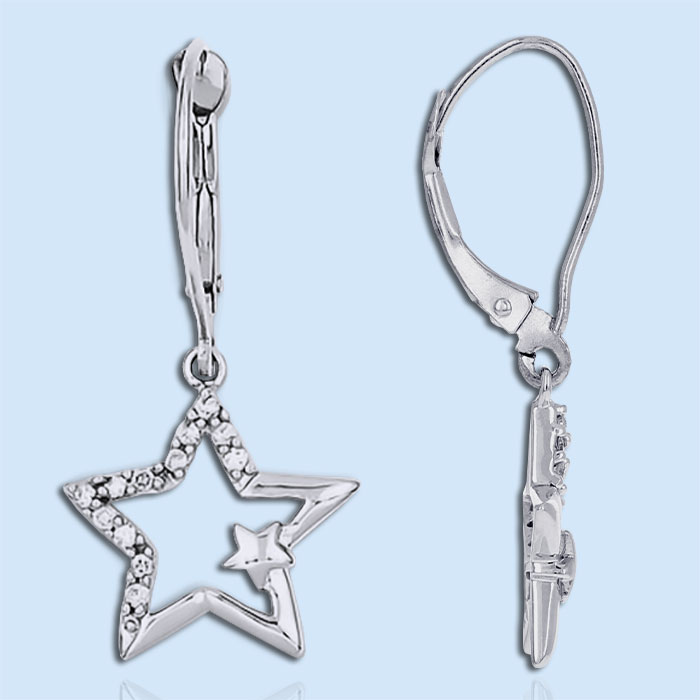 White gold star dangle earrings with leverbacks