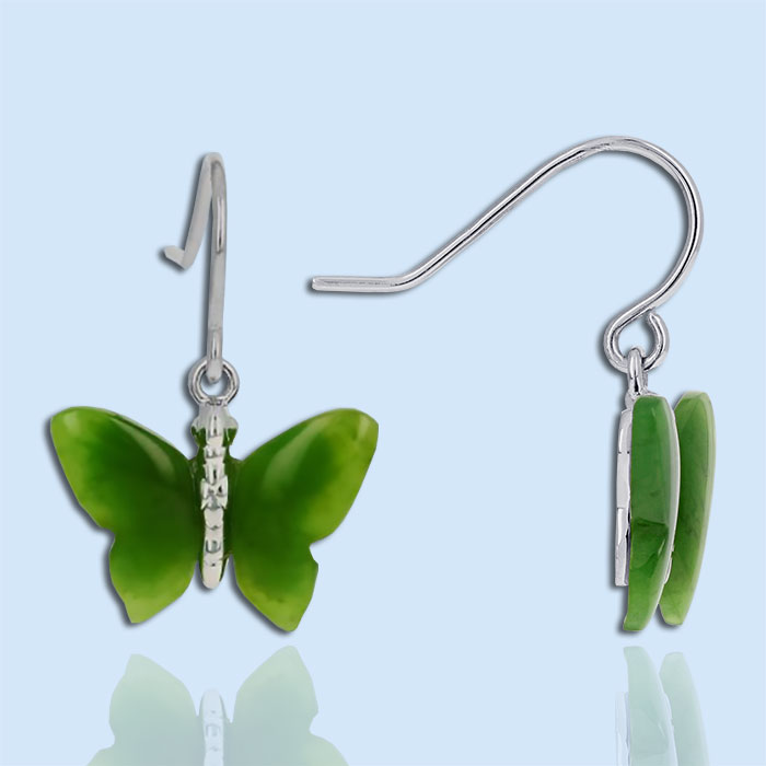 nephrite jade and sterling silver butterfly dangle earrings