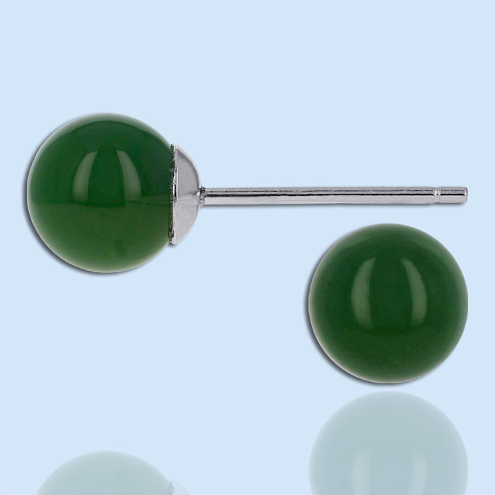 Round ball stud earrings nephrite jade in sterling silver