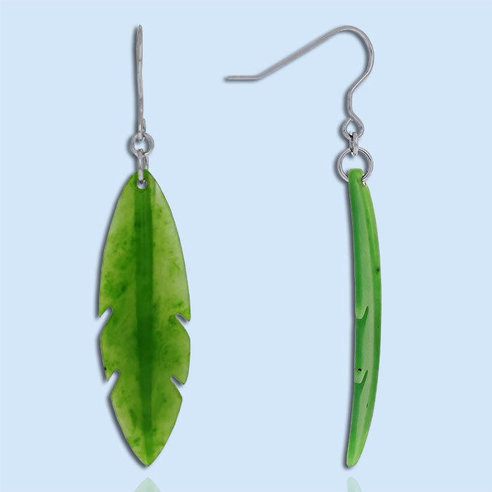 nephrite jade feather dangle earrings with fishhook backs