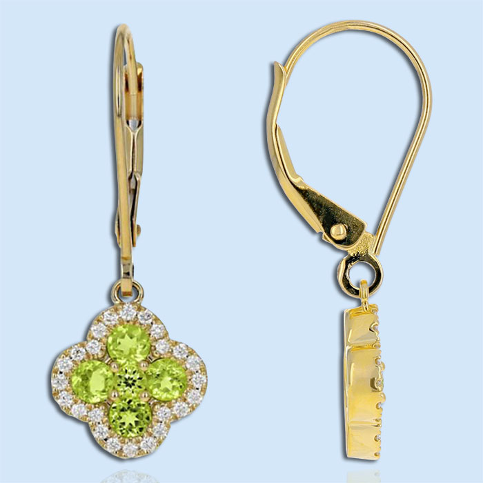 Yellow gold peridot clover earrings with hinged leverbacks