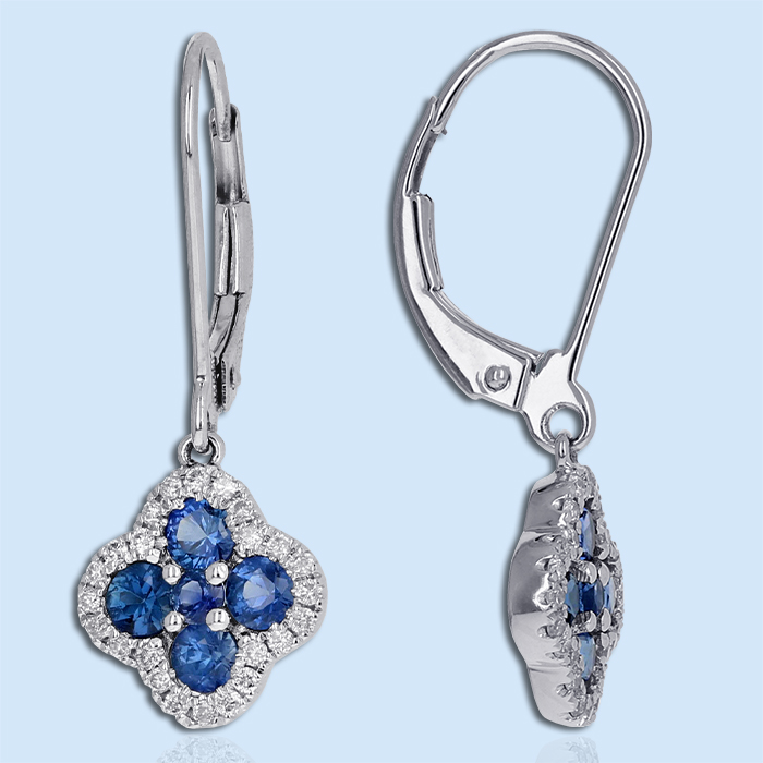 clover style blue sapphire dangle earrings in white gold with diamonds
