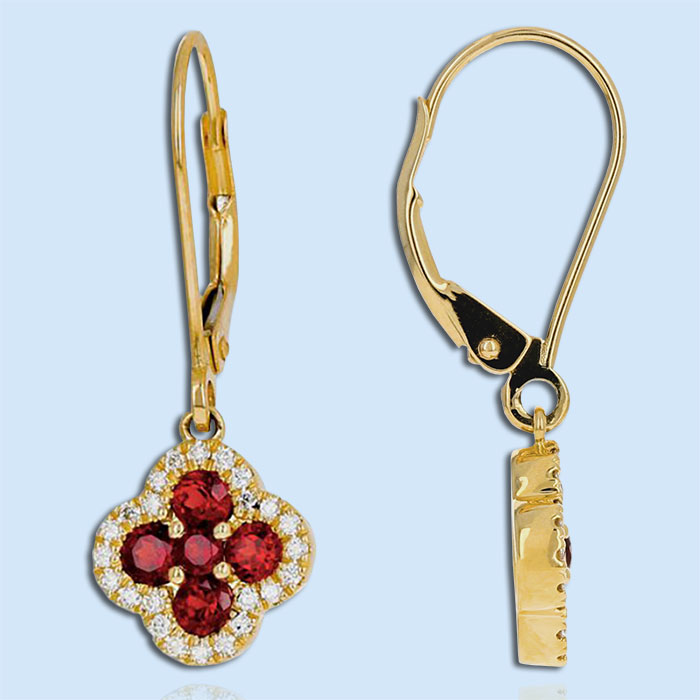 yellow gold garnet clover dangle earrings with diamonds