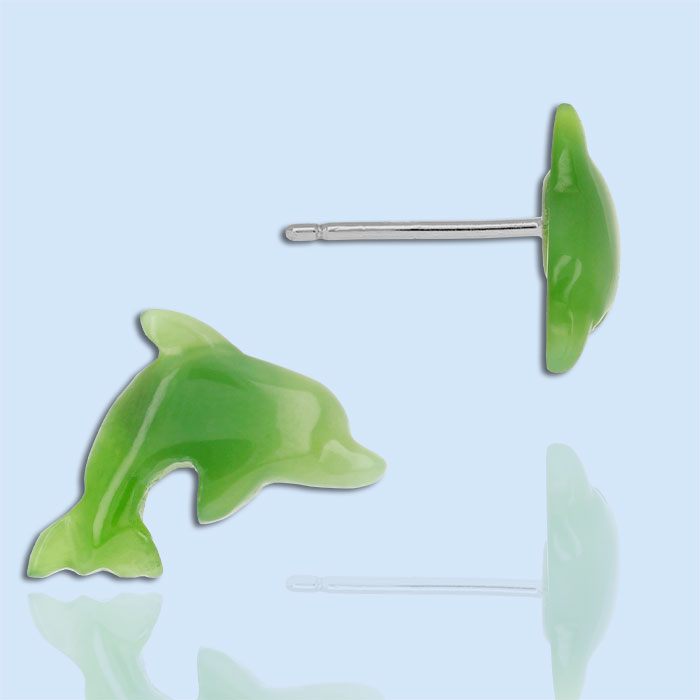 nephrite jade and sterling silver dolphin stud earrings